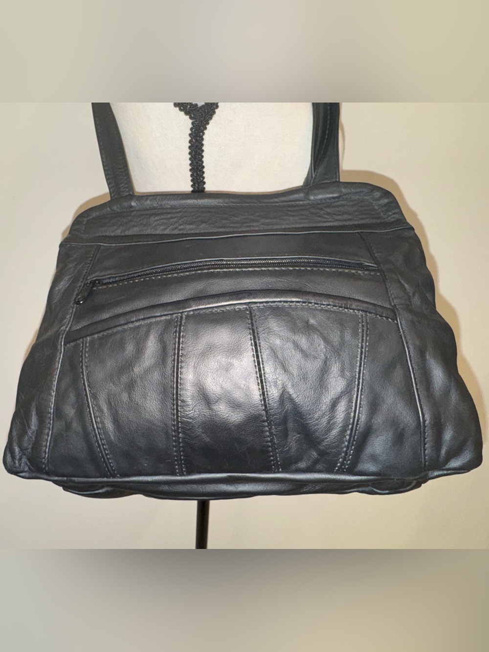 Vintage Soft Black Leather Shoulder Bag Multi Pocket Organizer Purse Boho Y2K - Picture 2 of 8